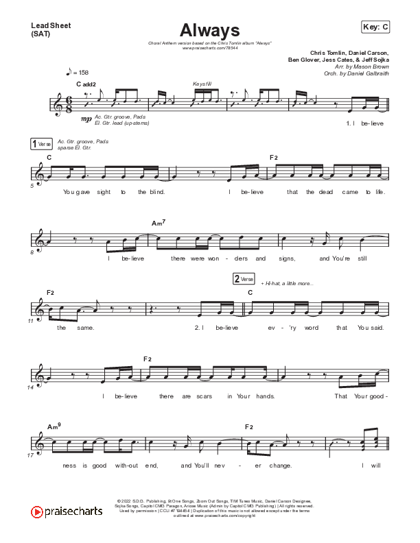 Always (Choral Anthem SATB) Lead Sheet (SAT) (Chris Tomlin / Arr. Erik Foster)