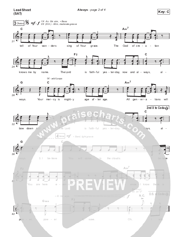 Always (Choral Anthem SATB) Lead Sheet (SAT) (Chris Tomlin / Arr. Erik Foster)