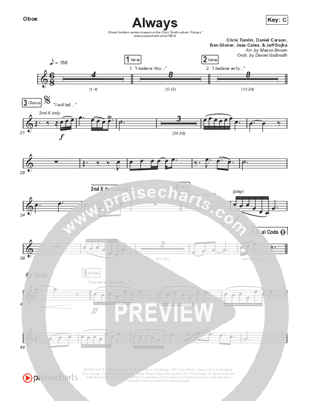 Always (Choral Anthem SATB) Oboe (Chris Tomlin / Arr. Erik Foster)