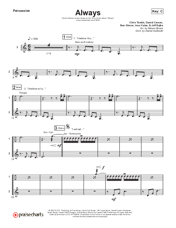 Always (Choral Anthem SATB) Percussion (Chris Tomlin / Arr. Erik Foster)