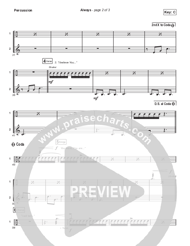 Always (Choral Anthem SATB) Percussion (Chris Tomlin / Arr. Erik Foster)