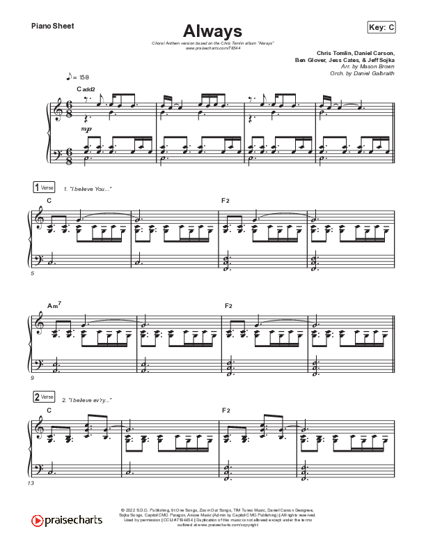 Always (Choral Anthem SATB) Piano Sheet (Chris Tomlin / Arr. Erik Foster)