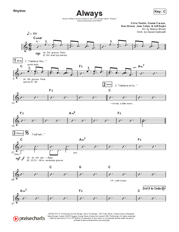 Always (Choral Anthem SATB) Rhythm Chart (Chris Tomlin / Arr. Erik Foster)