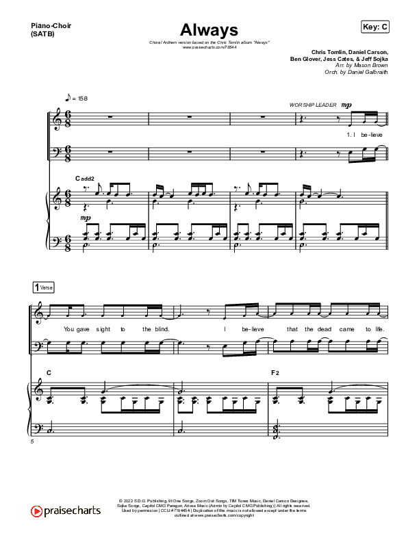 Always (Choral Anthem SATB) Piano/Vocal (SATB) (Chris Tomlin / Arr. Erik Foster)