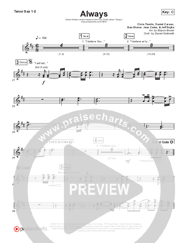 Always (Choral Anthem SATB) Tenor Sax 1,2 (Chris Tomlin / Arr. Erik Foster)