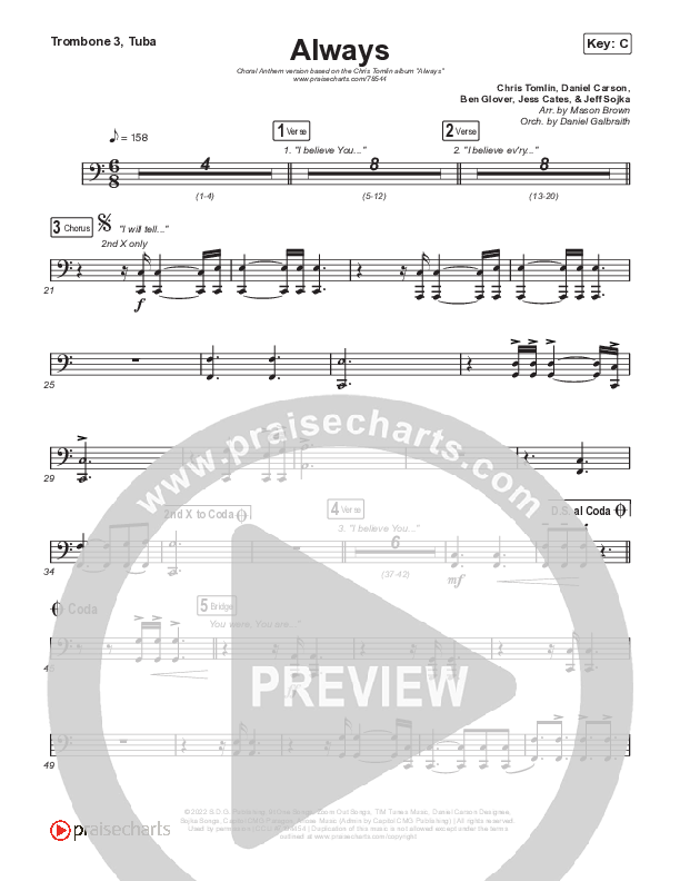 Always (Choral Anthem SATB) Trombone 3/Tuba (Chris Tomlin / Arr. Erik Foster)