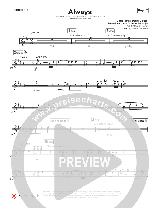 Always (Choral Anthem SATB) Trumpet 1,2 (Chris Tomlin / Arr. Erik Foster)