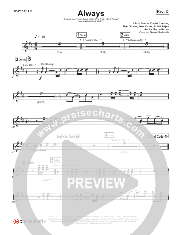 Always (Choral Anthem SATB) Trumpet 1,2 (Chris Tomlin / Arr. Erik Foster)