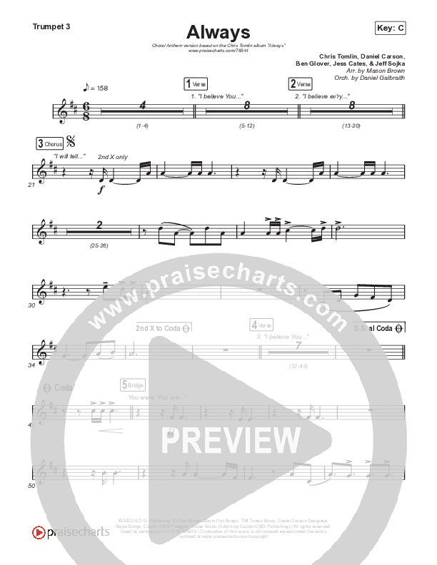 Always (Choral Anthem SATB) Trumpet 3 (Chris Tomlin / Arr. Erik Foster)