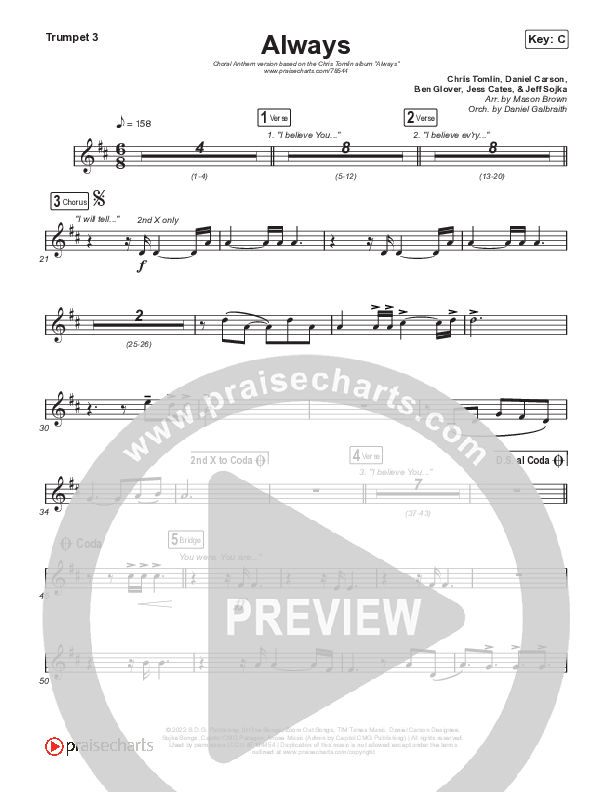 Always (Choral Anthem SATB) Trumpet 1,2 (Chris Tomlin / Arr. Erik Foster)