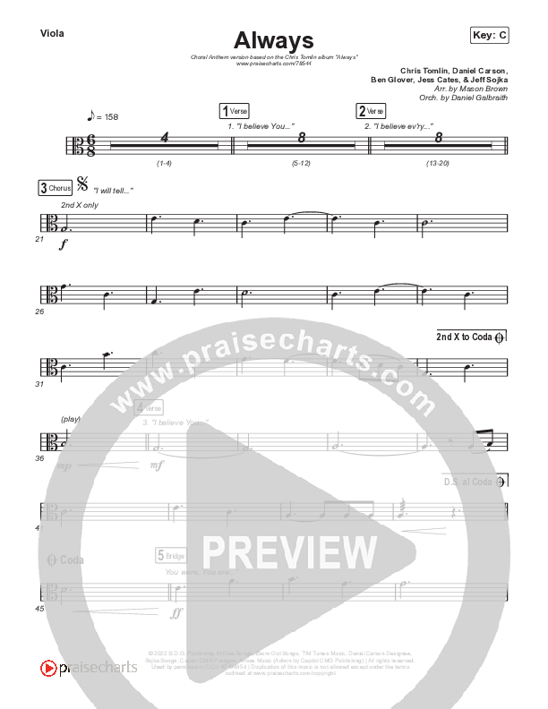 Always (Choral Anthem SATB) String Pack (Chris Tomlin / Arr. Erik Foster)