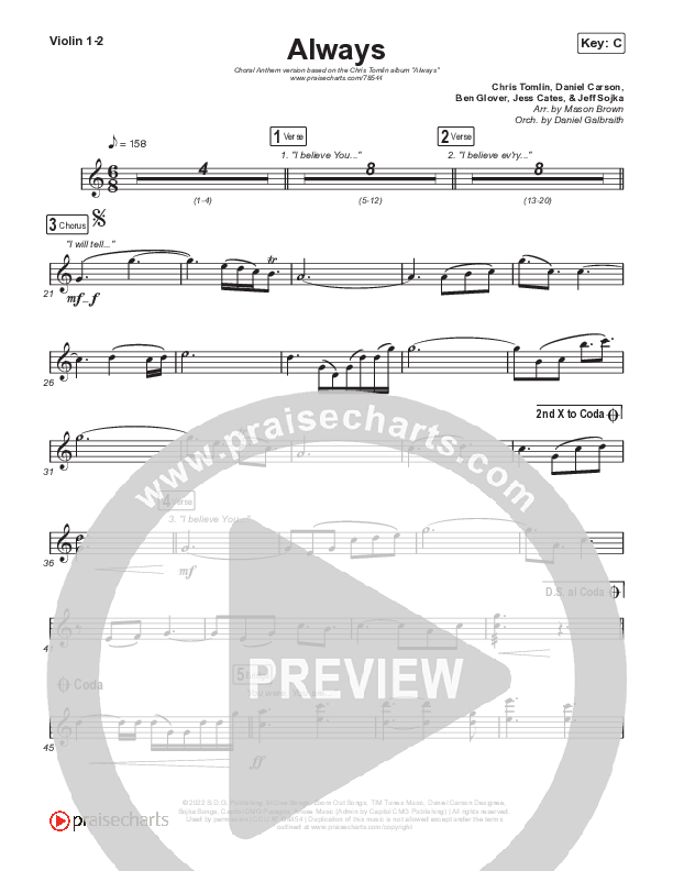 Always (Choral Anthem SATB) Violin 1,2 (Chris Tomlin / Arr. Erik Foster)