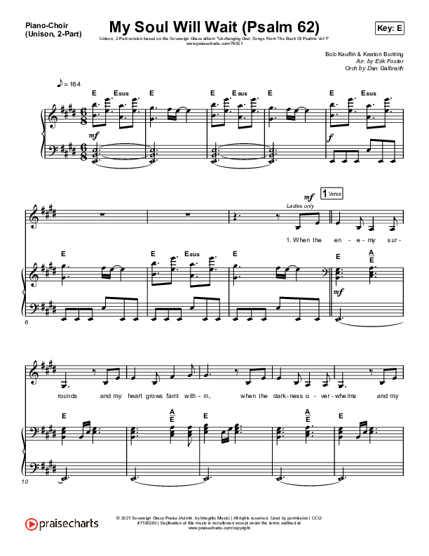 My Soul Will Wait (Psalm 62) (Unison/2-Part Choir) Piano/Choir  (Uni/2-Part) (Sovereign Grace / Arr. Erik Foster)