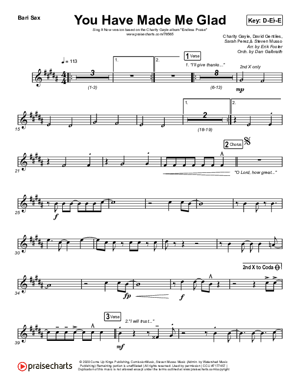 You Have Made Me Glad (Sing It Now SATB) Bari Sax (Charity Gayle / Arr. Erik Foster)