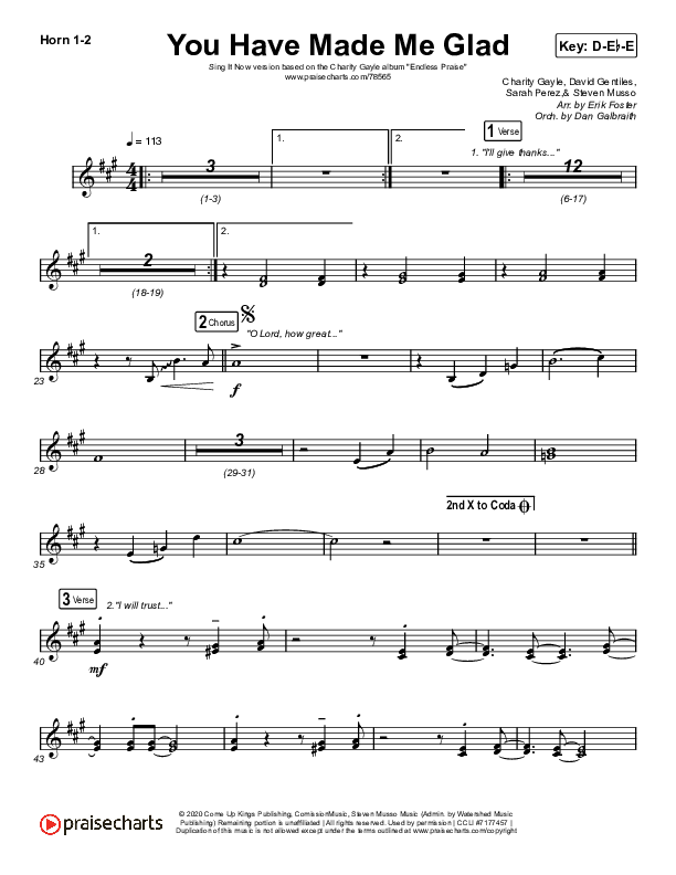 You Have Made Me Glad (Sing It Now SATB) French Horn 1/2 (Charity Gayle / Arr. Erik Foster)