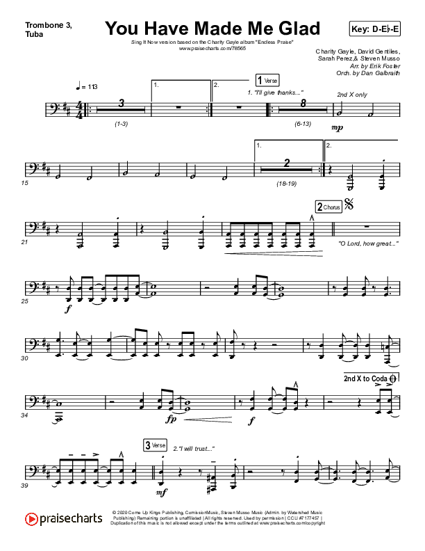 You Have Made Me Glad (Sing It Now SATB) Trombone 3/Tuba (Charity Gayle / Arr. Erik Foster)