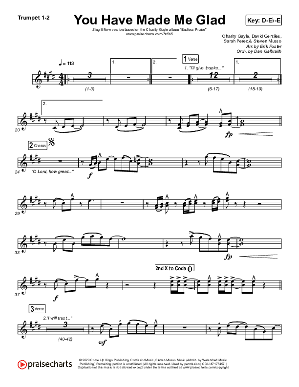 You Have Made Me Glad (Sing It Now SATB) Trumpet 1,2 (Charity Gayle / Arr. Erik Foster)