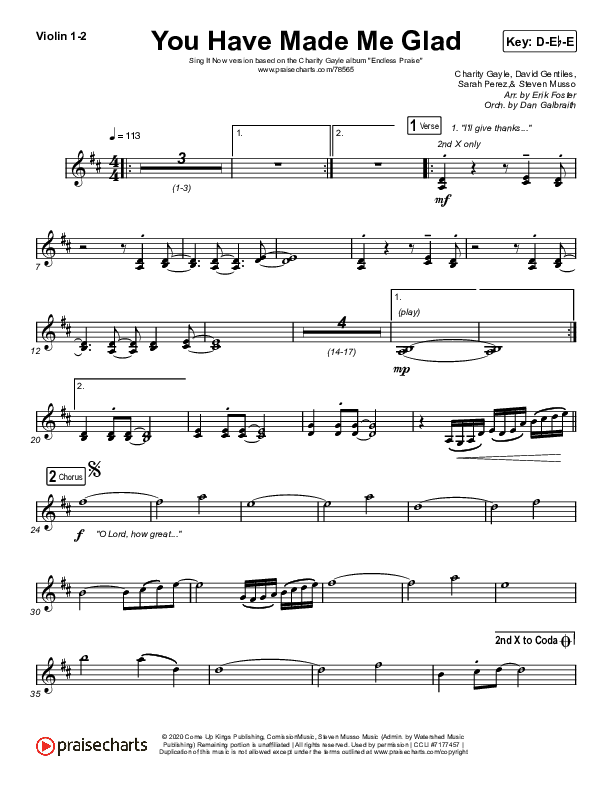 You Have Made Me Glad (Sing It Now SATB) Violin 1/2 (Charity Gayle / Arr. Erik Foster)