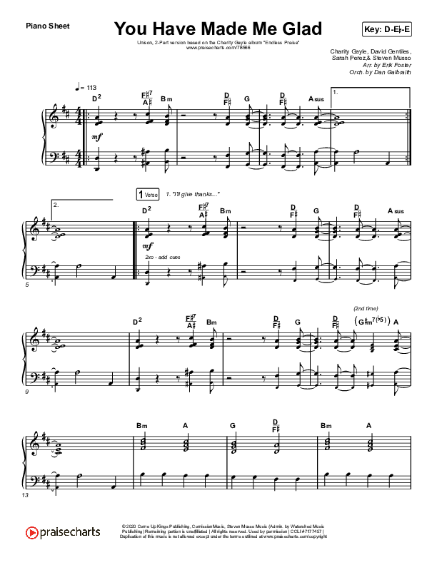 You Have Made Me Glad (Unison/2-Part Choir) Piano Sheet (Charity Gayle / Arr. Erik Foster)