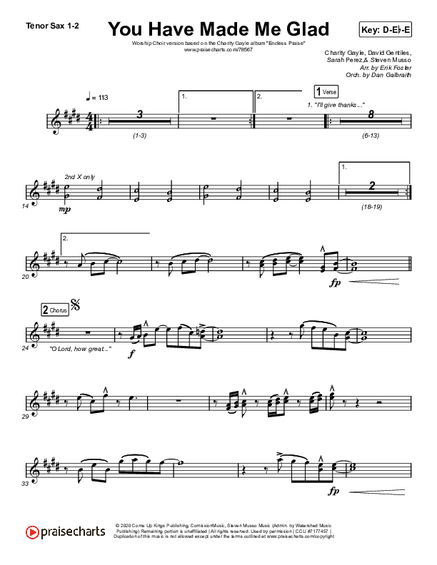 You Have Made Me Glad (Worship Choir SAB) Tenor Sax 1/2 (Charity Gayle / Arr. Erik Foster)