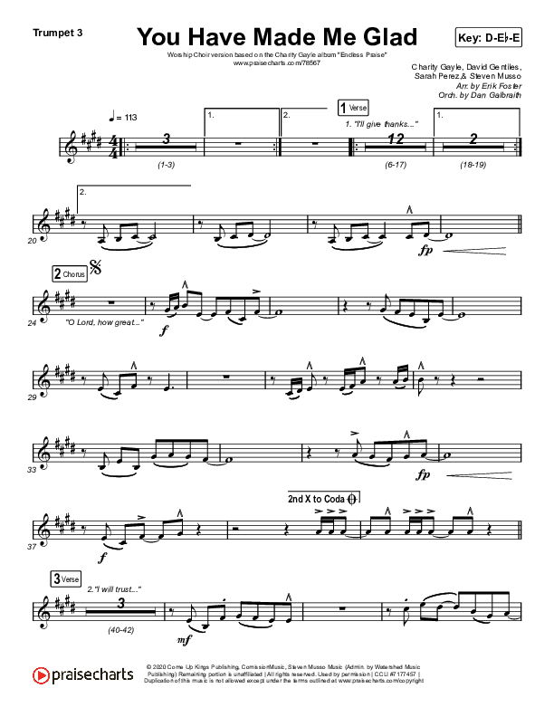 You Have Made Me Glad (Worship Choir SAB) Trumpet 3 (Charity Gayle / Arr. Erik Foster)