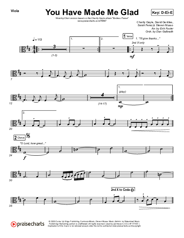 You Have Made Me Glad (Worship Choir SAB) Viola (Charity Gayle / Arr. Erik Foster)