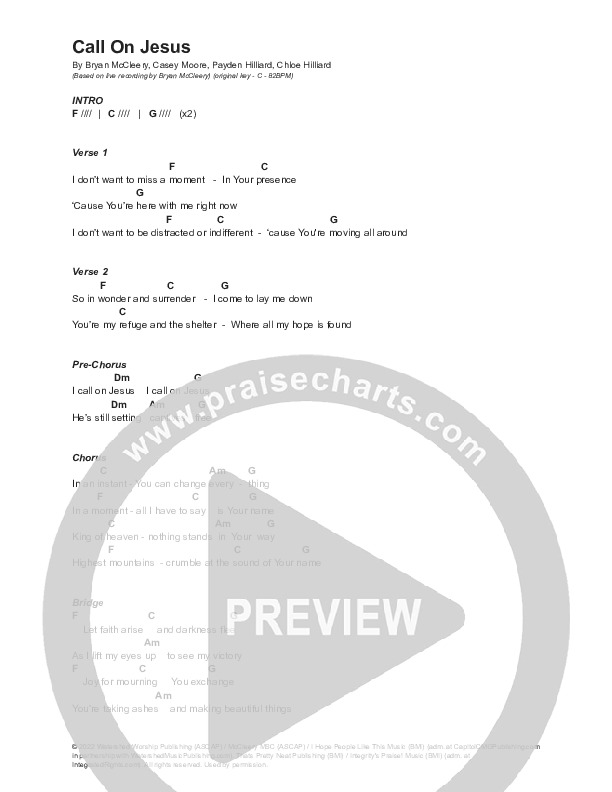 Call On Jesus Chord Chart (Bryan McCleery)