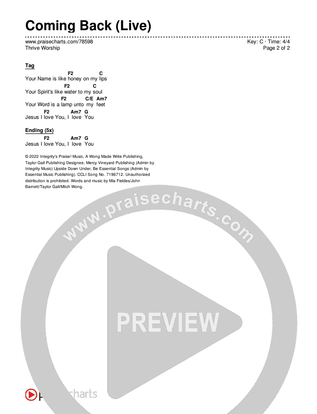 Coming Back (Live) Chords & Lyrics (Thrive Worship)