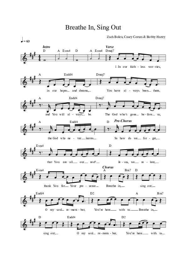 Breathe In Sing Out Lead Sheet Melody (Vineyard Worship / Kyle Howard)