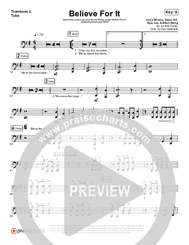 Believe For It (Sing It Now SATB) Trombone 3/Tuba (CeCe Winans / Arr. Erik Foster)
