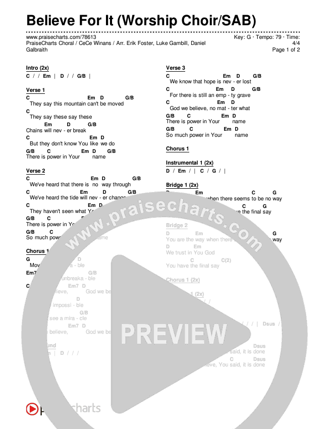 Believe For It (Worship Choir SAB) Chords & Lyrics (CeCe Winans / Arr. Erik Foster)