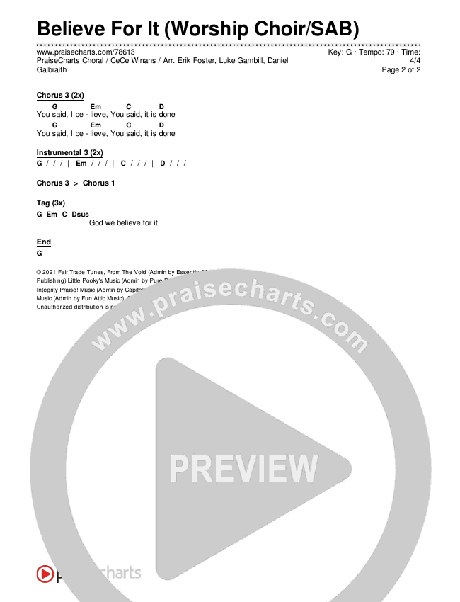 Believe For It (Worship Choir SAB) Chords & Lyrics (CeCe Winans / Arr. Erik Foster)