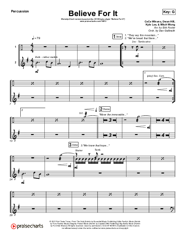 Believe For It (Worship Choir SAB) Percussion (CeCe Winans / Arr. Erik Foster)