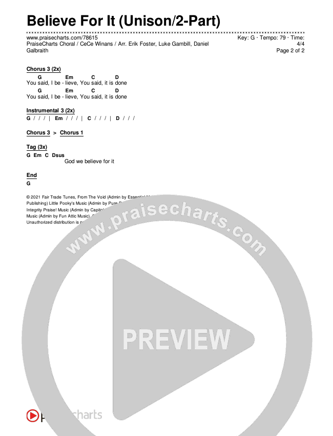Believe For It (Unison/2-Part Choir) Chords & Lyrics (CeCe Winans / Arr. Erik Foster)