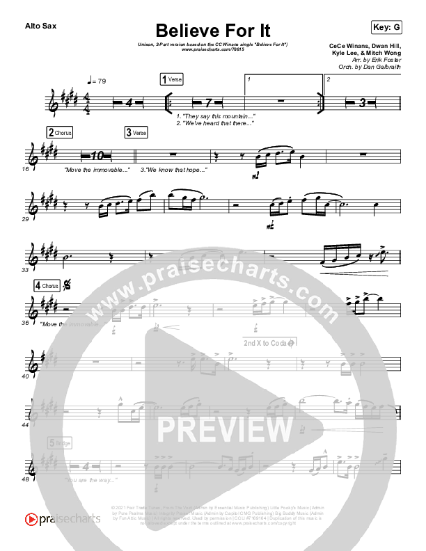 Believe For It (Unison/2-Part Choir) Alto Sax (CeCe Winans / Arr. Erik Foster)