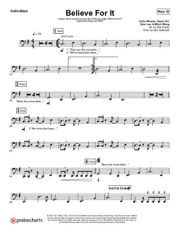 Believe For It (Unison/2-Part Choir) Cello/Bass (CeCe Winans / Arr. Erik Foster)