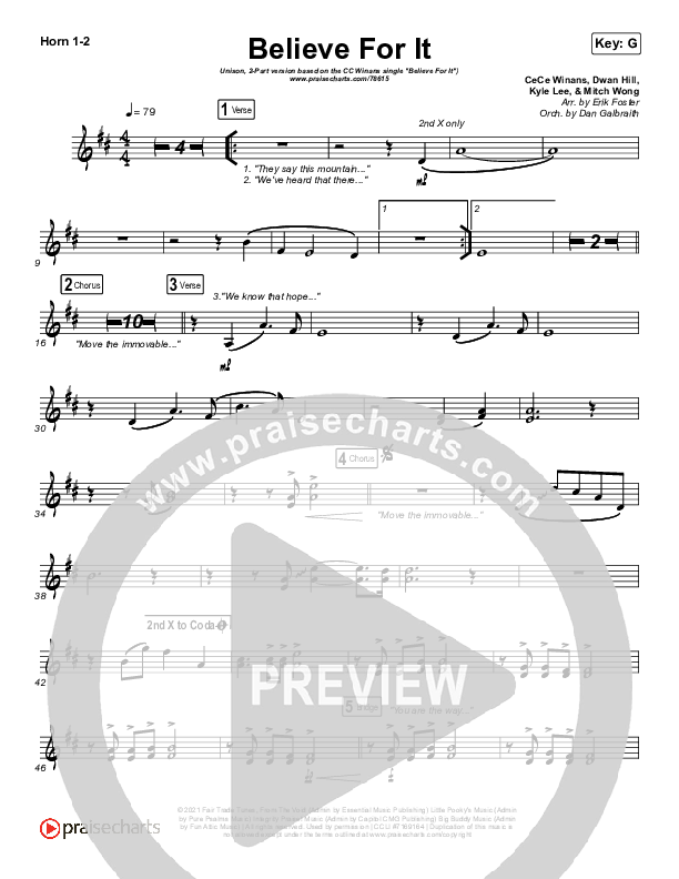 Believe For It (Unison/2-Part Choir) French Horn 1/2 (CeCe Winans / Arr. Erik Foster)