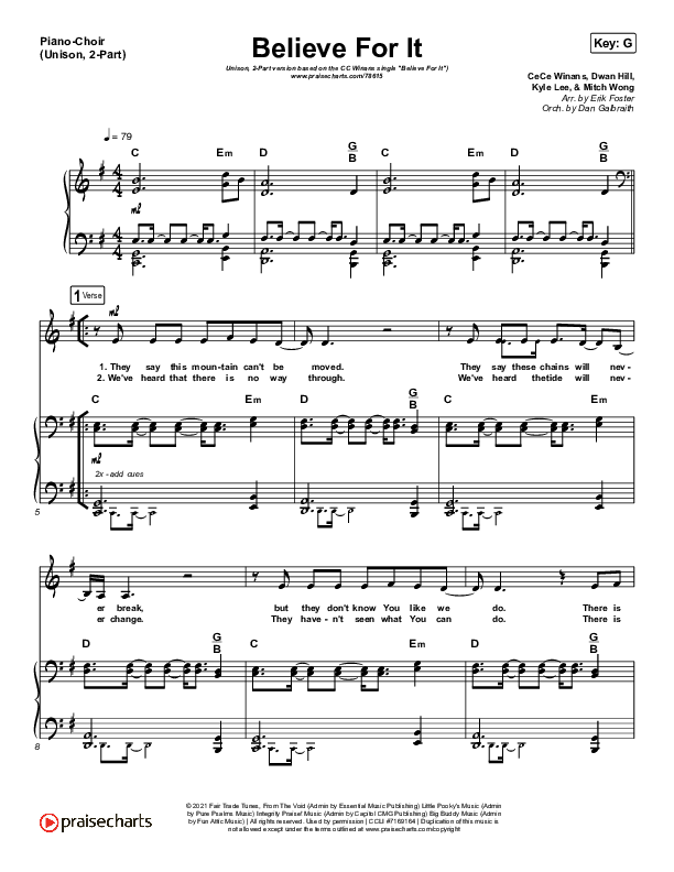 Believe For It (Unison/2-Part Choir) Piano/Choir  (Uni/2-Part) (CeCe Winans / Arr. Erik Foster)