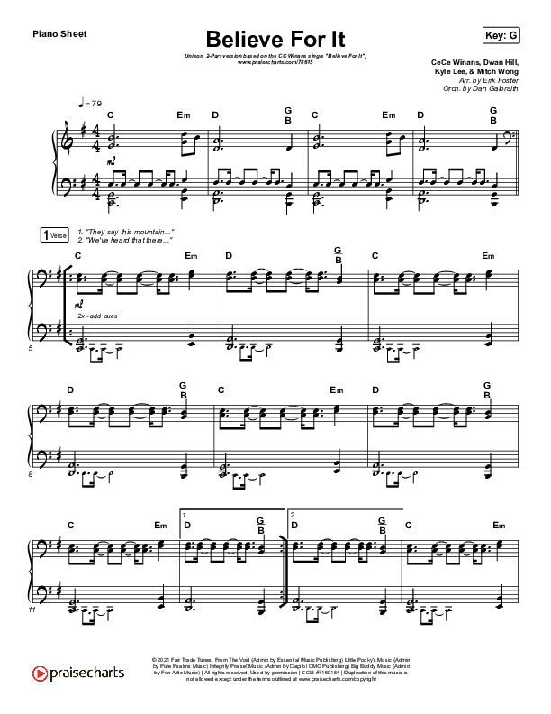 Believe For It (Unison/2-Part Choir) Piano Sheet (CeCe Winans / Arr. Erik Foster)