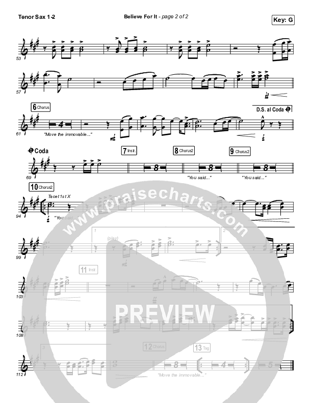 Believe For It (Unison/2-Part Choir) Tenor Sax 1/2 (CeCe Winans / Arr. Erik Foster)