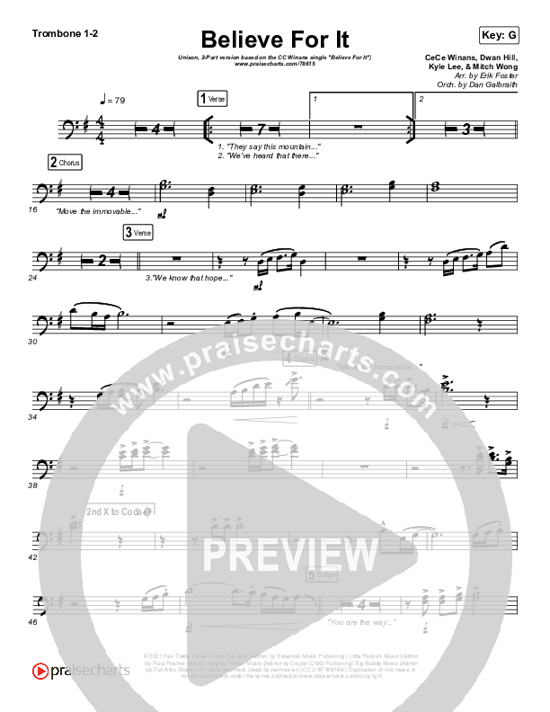 Believe For It (Unison/2-Part Choir) Trombone 1/2 (CeCe Winans / Arr. Erik Foster)