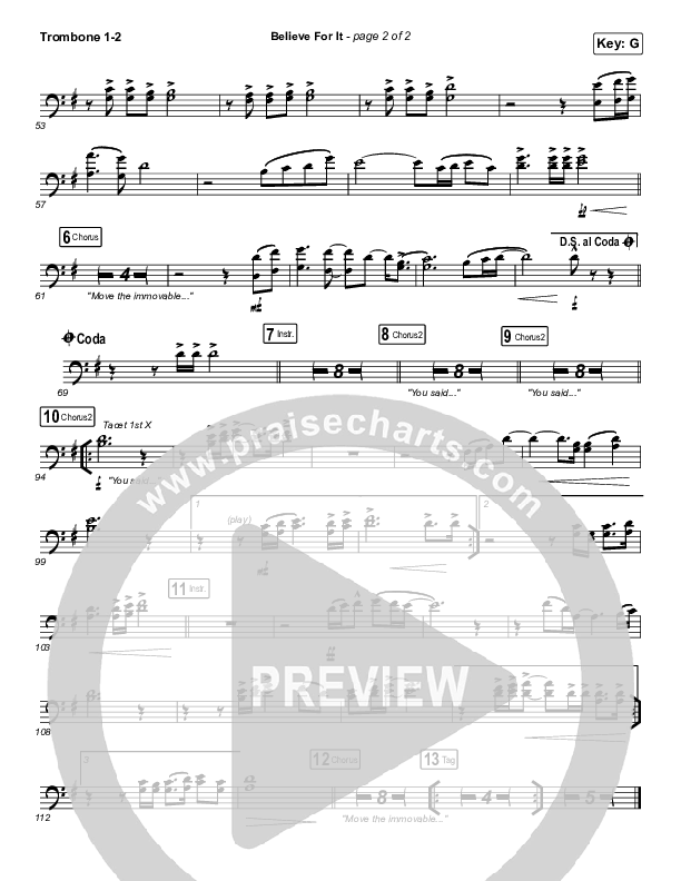 Believe For It (Unison/2-Part Choir) Trombone 1/2 (CeCe Winans / Arr. Erik Foster)