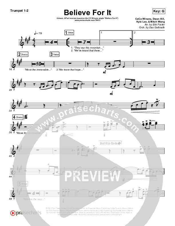 Believe For It (Unison/2-Part Choir) Trumpet 1,2 (CeCe Winans / Arr. Erik Foster)
