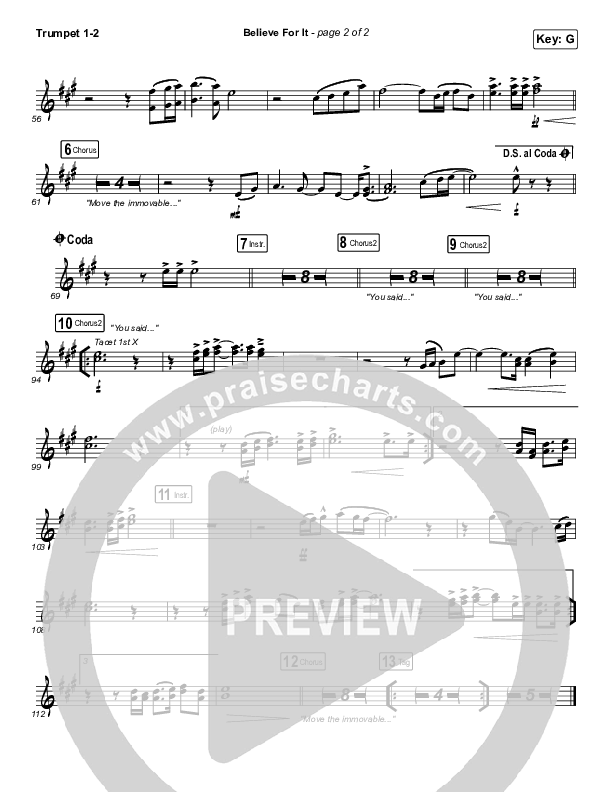 Believe For It (Unison/2-Part Choir) Trumpet 1,2 (CeCe Winans / Arr. Erik Foster)