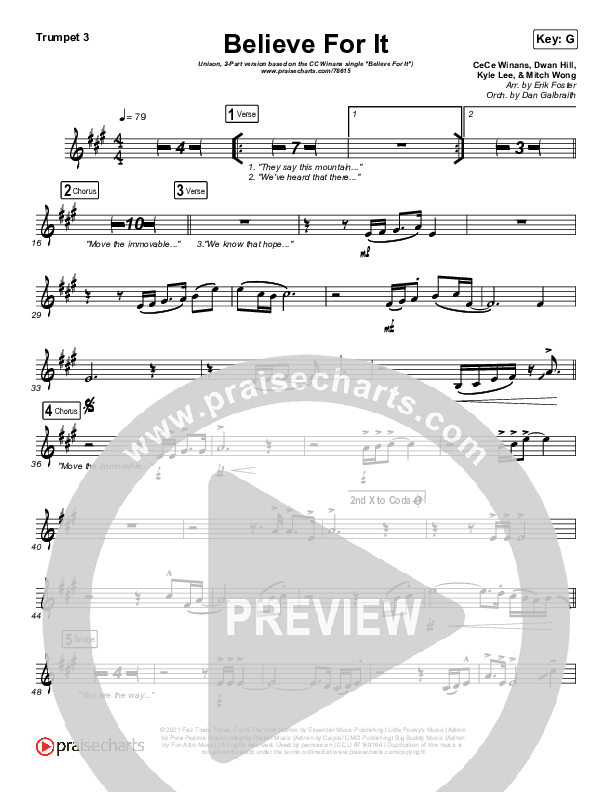 Believe For It (Unison/2-Part Choir) Trumpet 3 (CeCe Winans / Arr. Erik Foster)