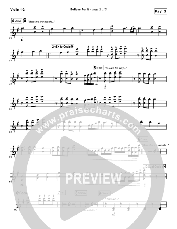 Believe For It (Unison/2-Part Choir) Violin 1/2 (CeCe Winans / Arr. Erik Foster)
