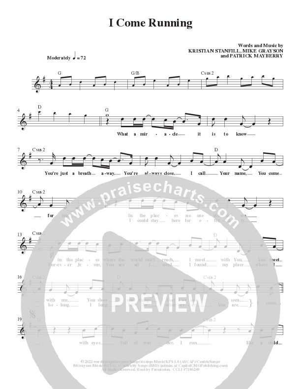 I Come Running Lead Sheet Melody (Centricity Worship / Kristian Stanfill / Patrick Mayberry)