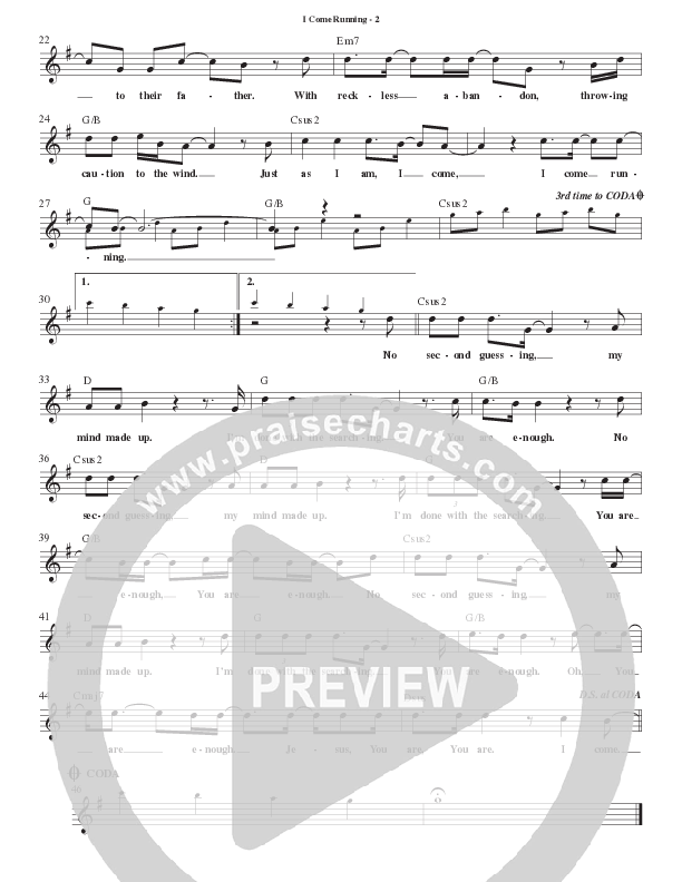 I Come Running Lead Sheet Melody (Centricity Worship / Kristian Stanfill / Patrick Mayberry)