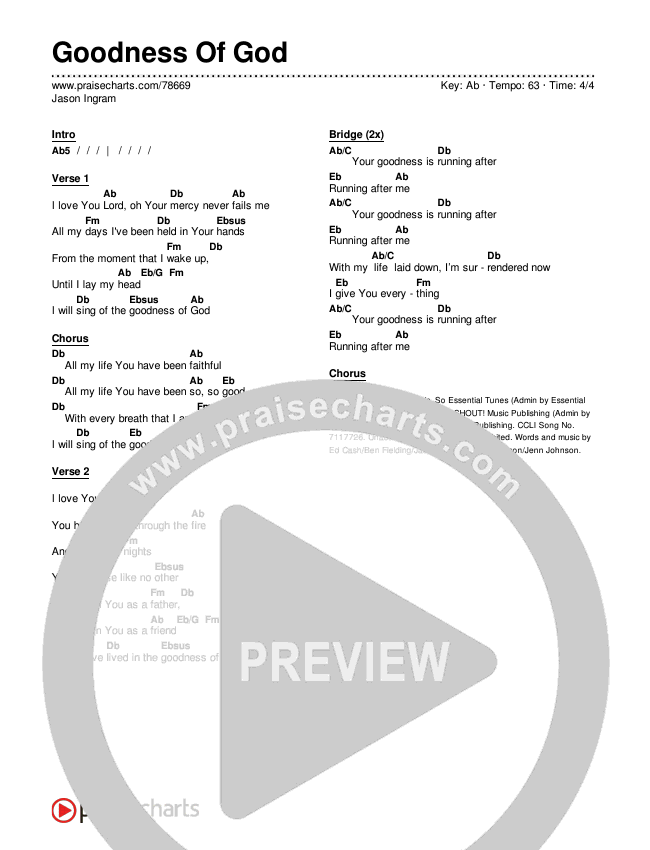 Goodness Of God Chords PDF (Jason Ingram) PraiseCharts