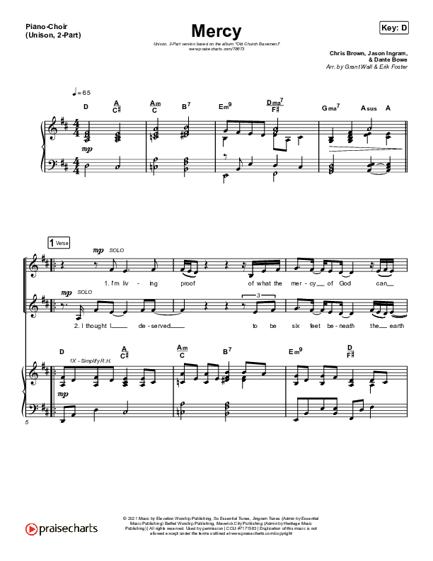 Mercy (Unison/2-Part Choir) Piano/Choir  (Uni/2-Part) (Maverick City Music / Elevation Worship / Chris Brown / Arr. Erik Foster)